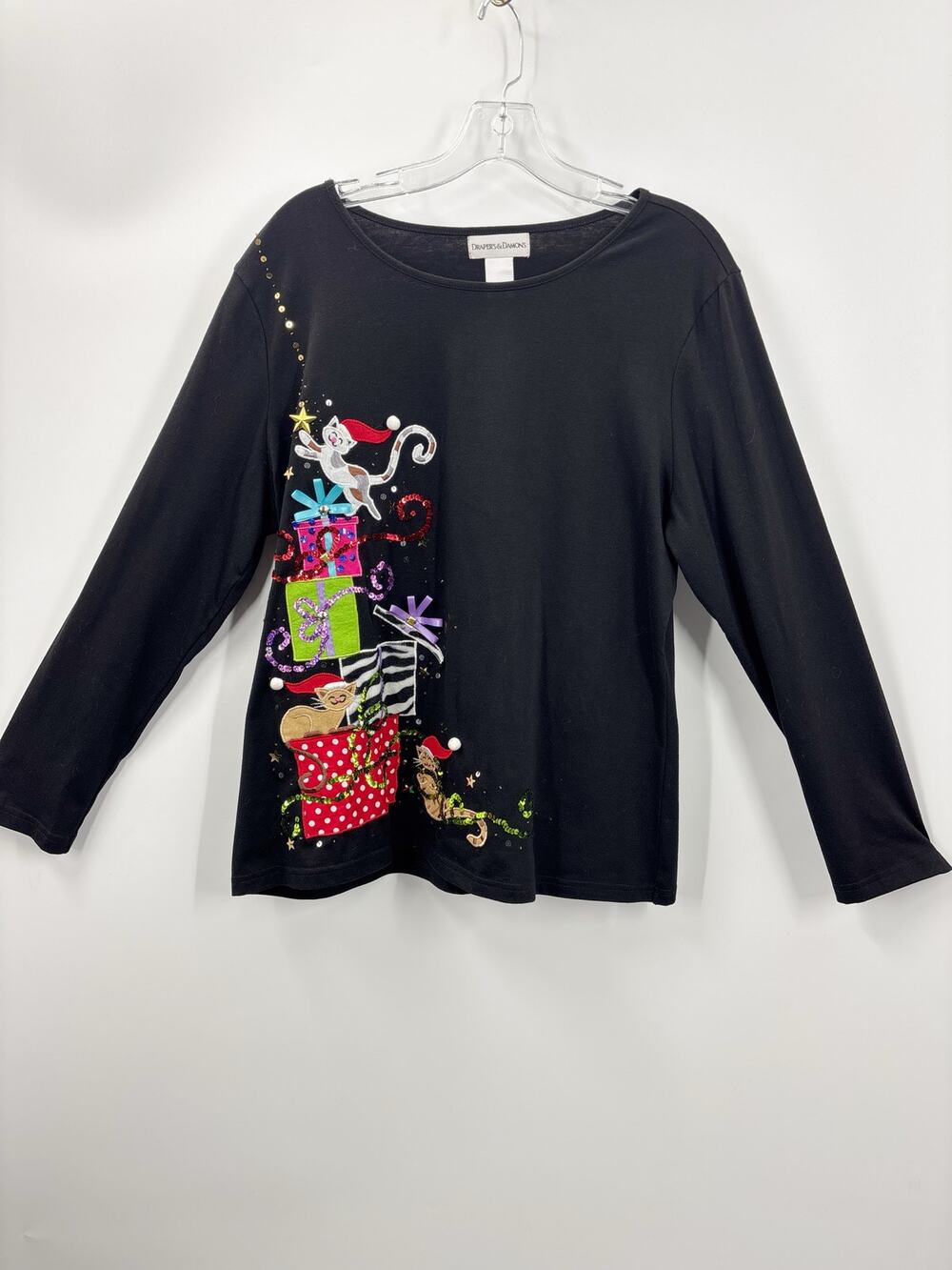 Draper's and Damon's Christmas Cat Longsleeve Top Tee Shirt PXL Petite XL